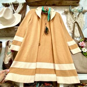 St. John Collection Camel and Cream Striped Knit Swing Cardigan